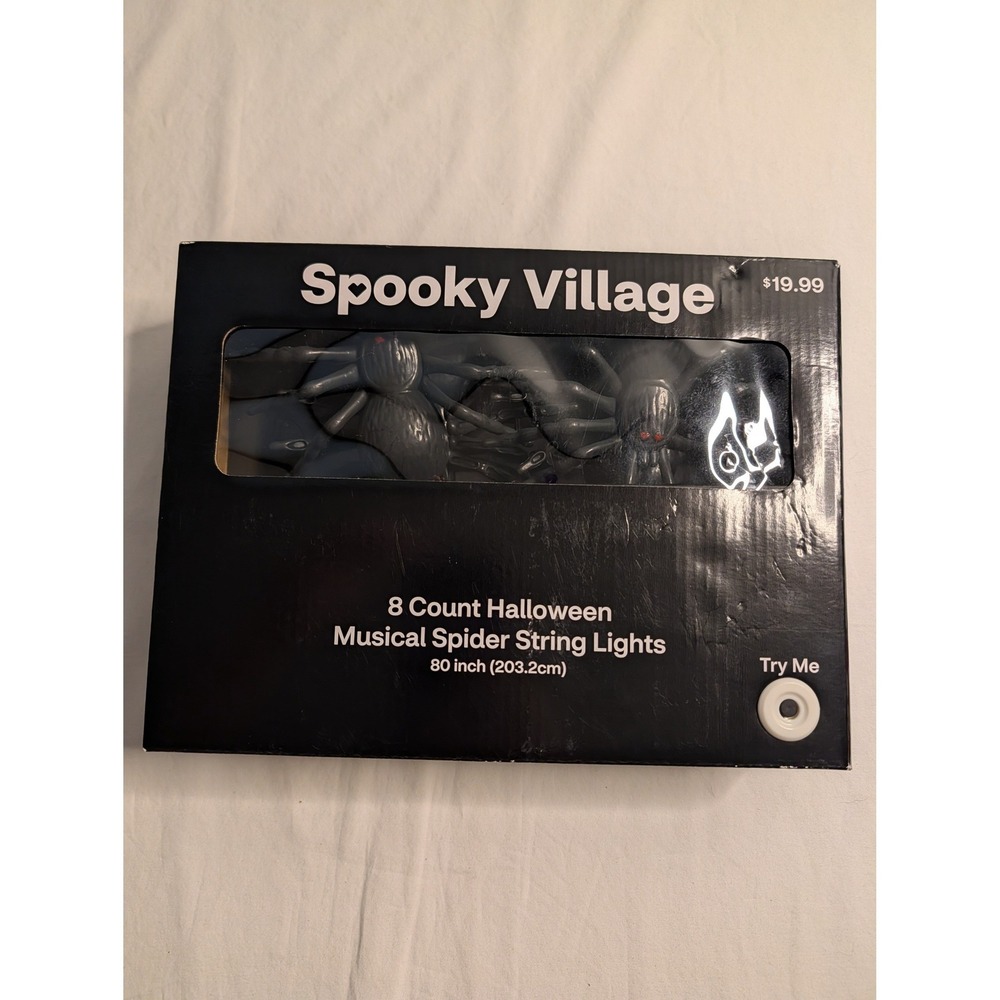 NIB Spooky Village Halloween Musical Spider String Lights 8 Count Blue LED 80 In